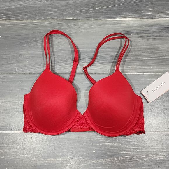 Calvin Klein T Shirt Bra Perfectly Fit Etched Lace QF5331‎ 32C Red - Picture 1 of 9